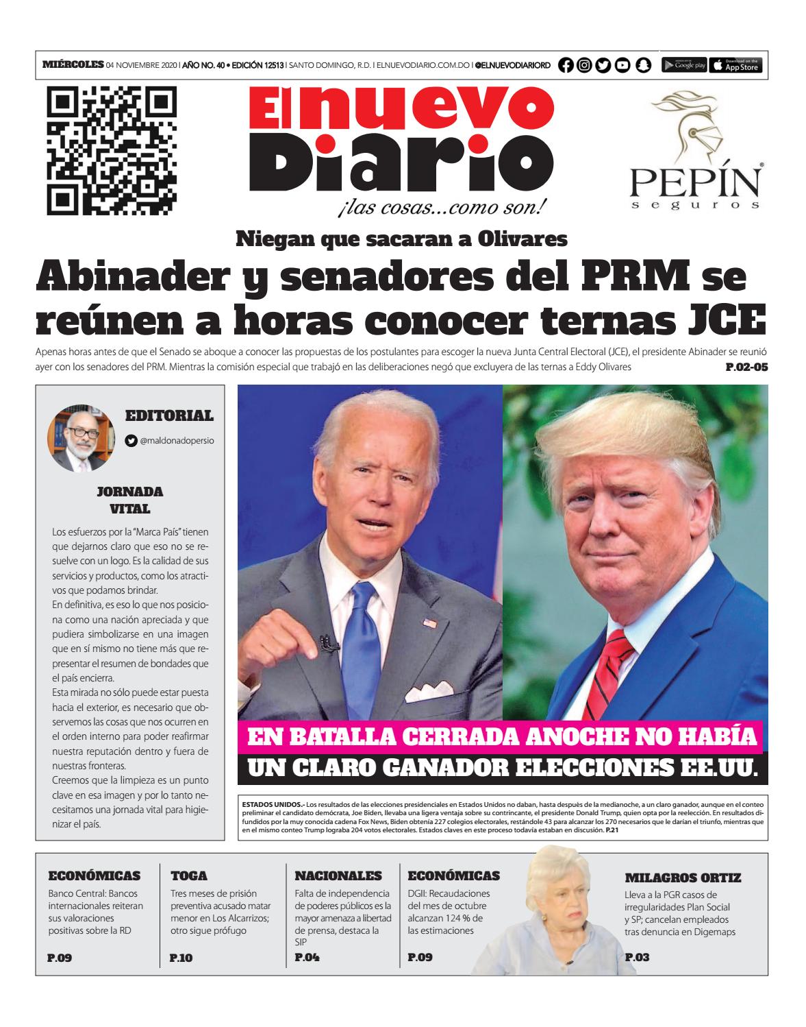 Portada Periódico El Nuevo Diario, Miércoles 04 de Noviembre, 2020
