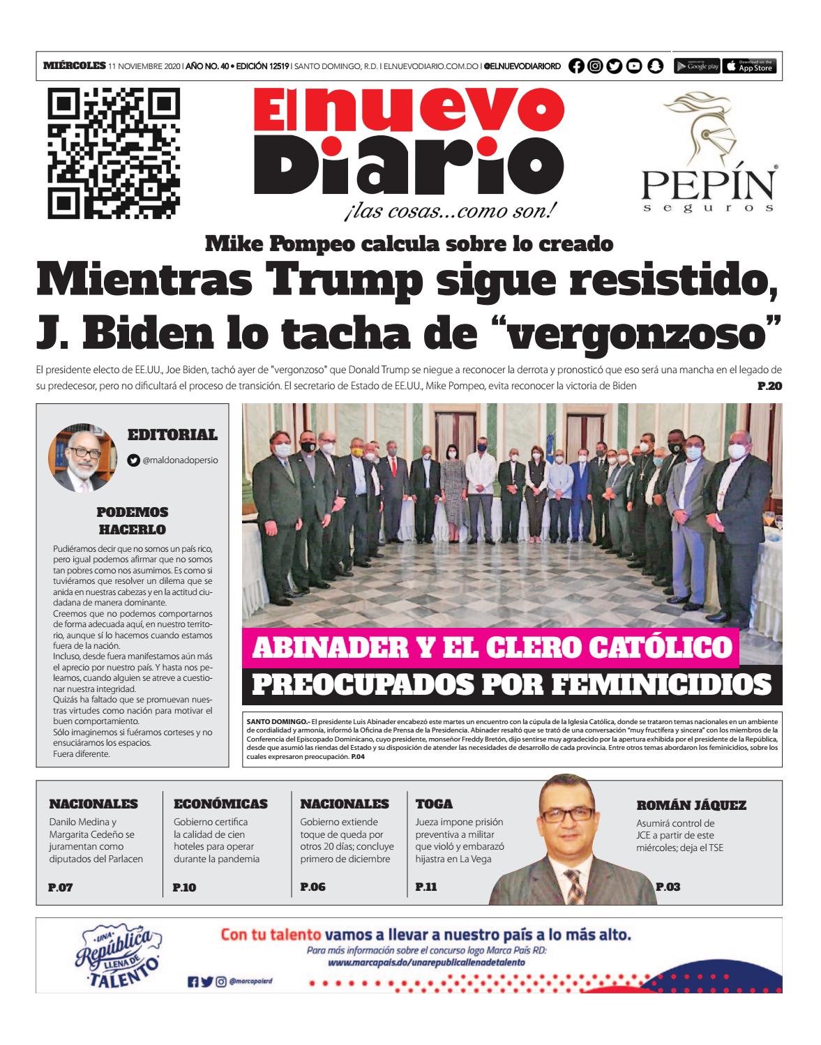 Portada Periódico El Nuevo Diario, Miércoles 11 de Noviembre, 2020
