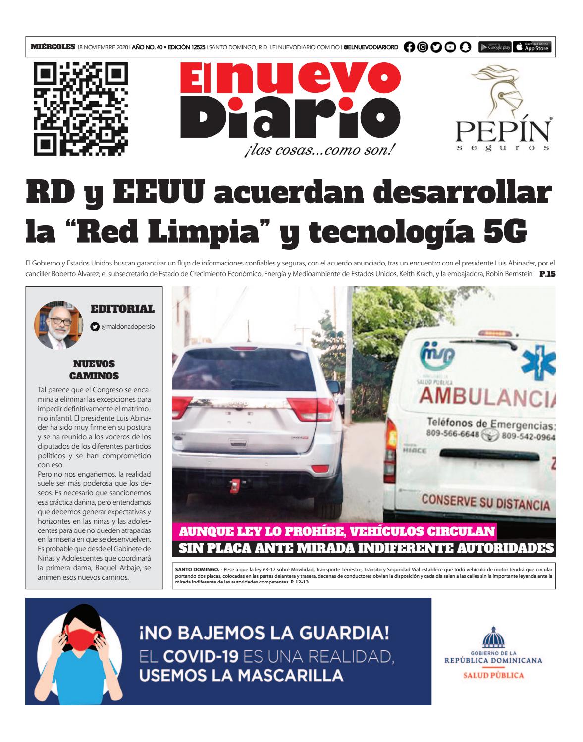 Portada Periódico El Nuevo Diario, Miércoles 18 de Noviembre, 2020