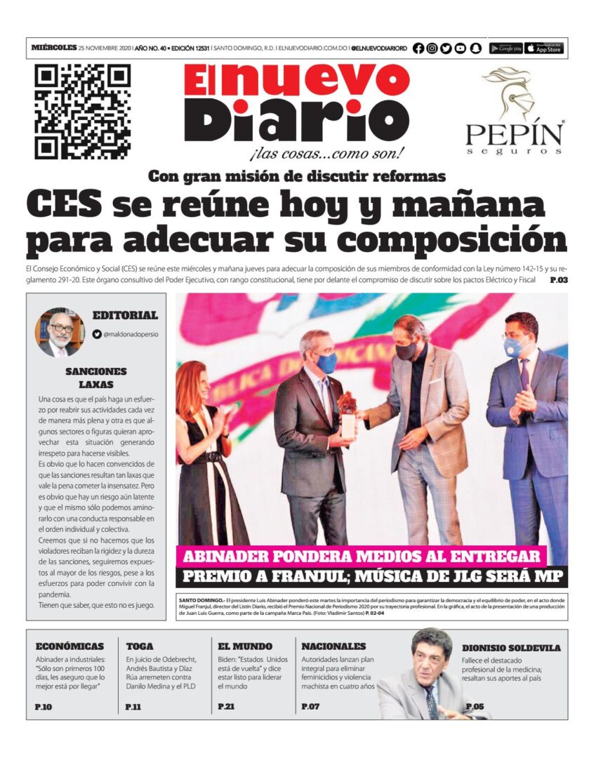 Portada Periódico El Nuevo Diario, Miércoles 25 de Noviembre, 2020