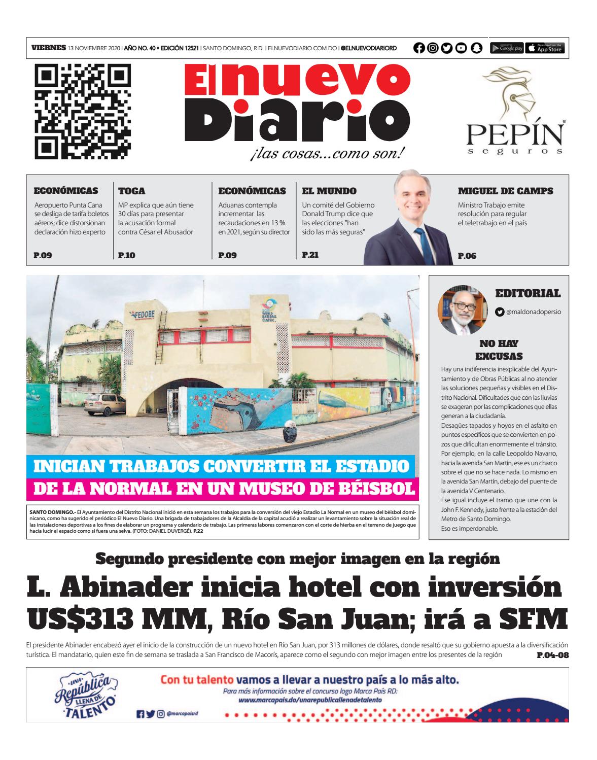 Portada Periódico El Nuevo Diario, Viernes 13 de Noviembre, 2020