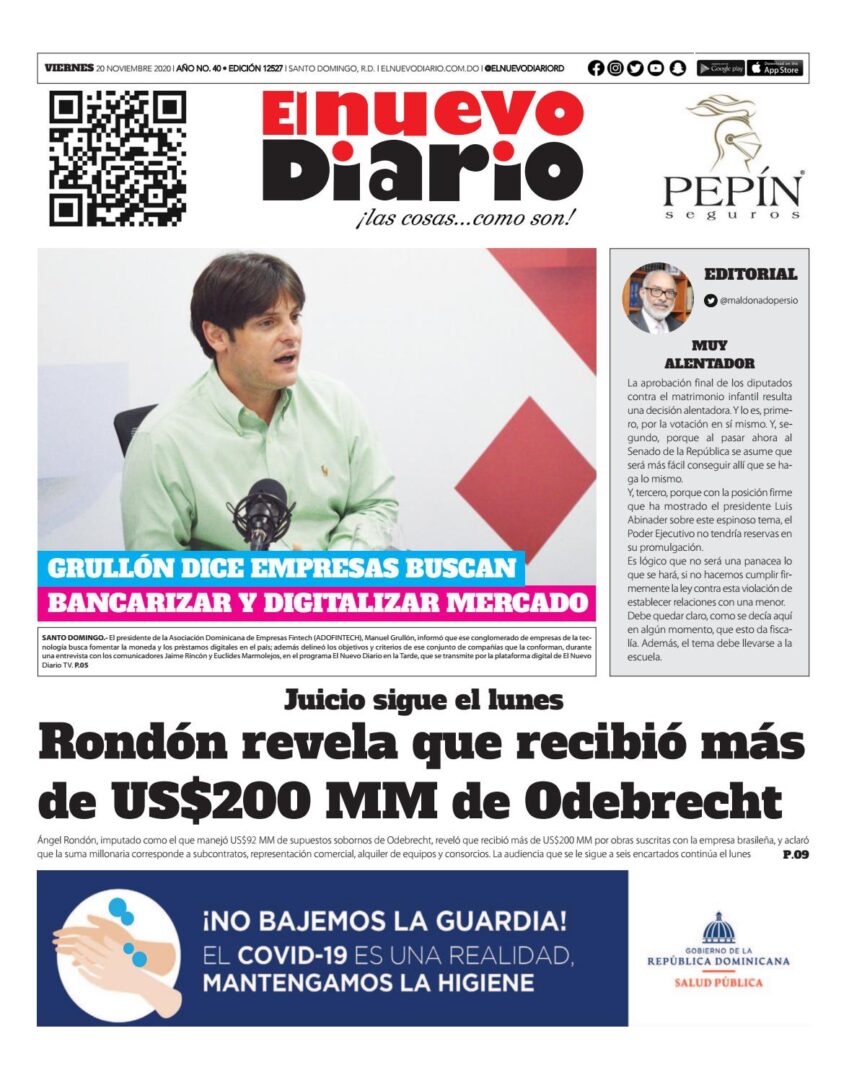 Portada Periódico El Nuevo Diario, Viernes 20 de Noviembre, 2020