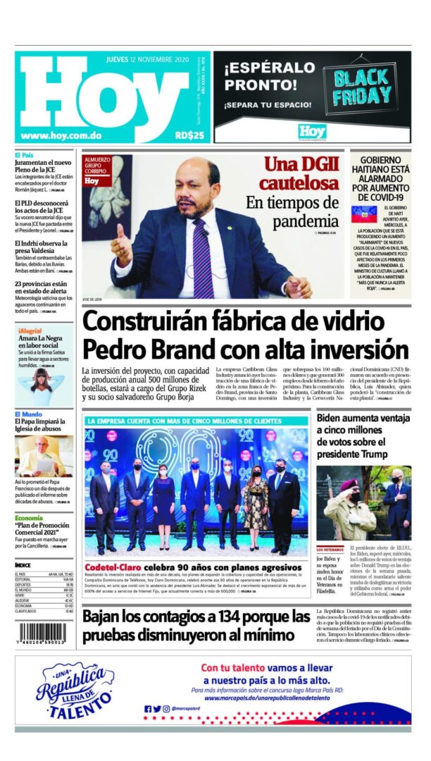 Portada Periódico Hoy, Jueves 12 de Noviembre, 2020