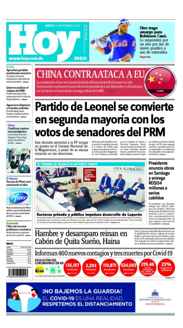 Portada Periódico Hoy, Jueves 19 de Noviembre, 2020