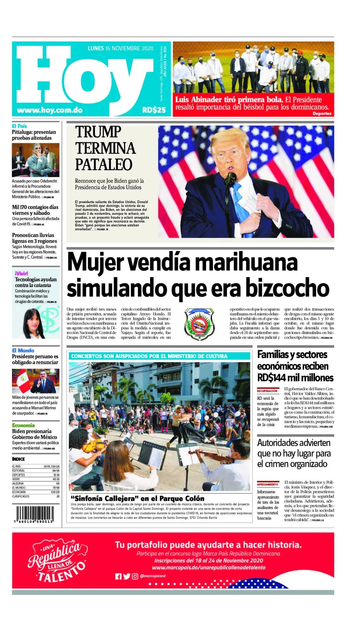 Portada Periódico Hoy, Lunes 16 de Noviembre, 2020
