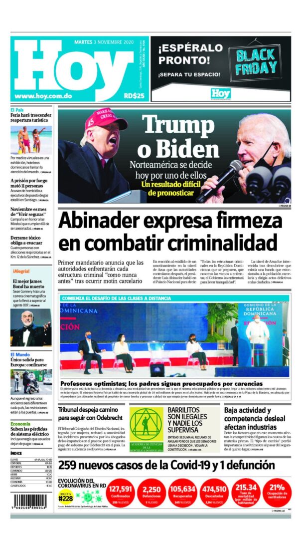 Portada Periódico Hoy, Martes 03 de Noviembre, 2020