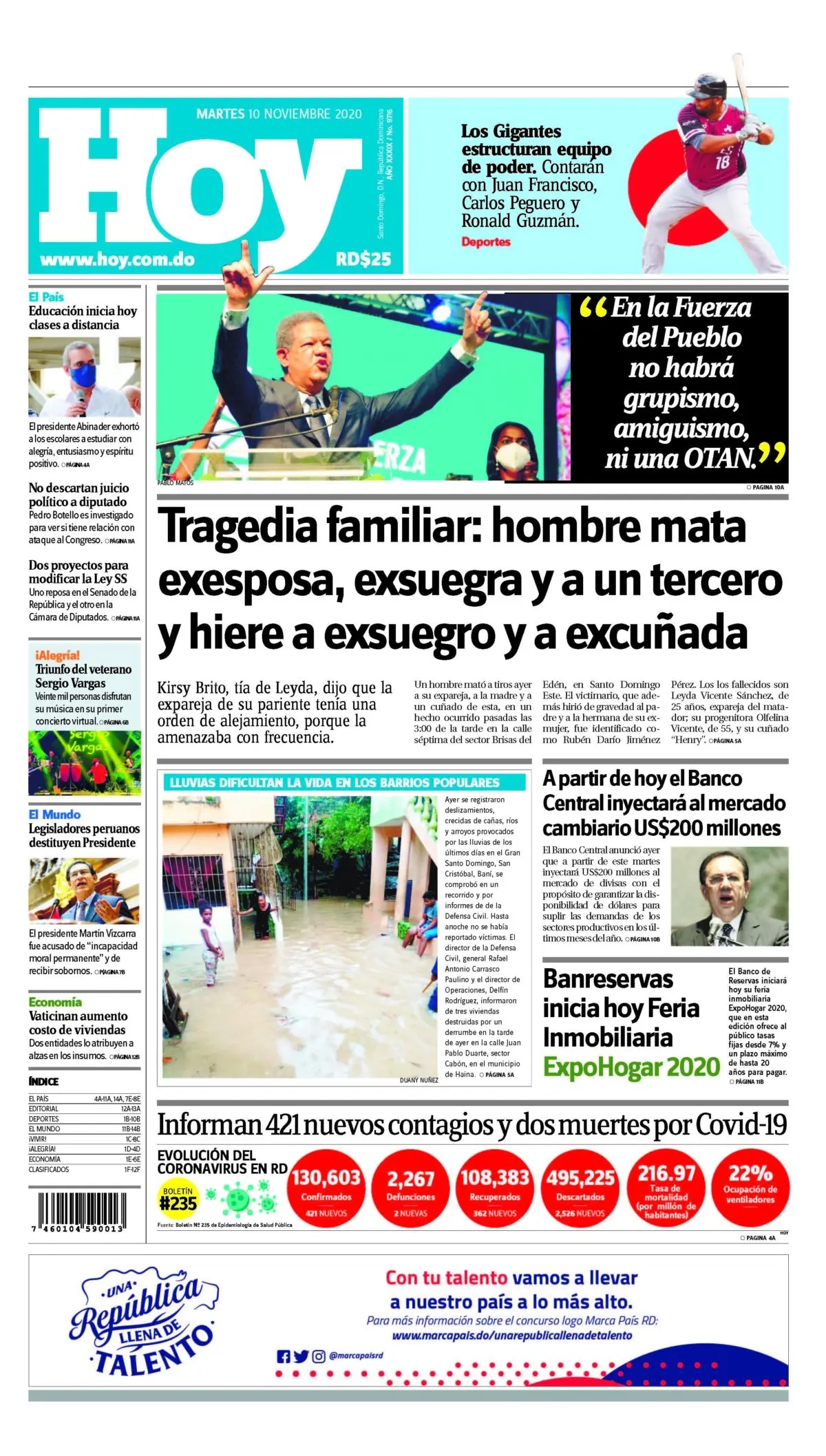 Portada Periódico Hoy, Martes 10 de Noviembre, 2020