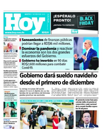 Portada Periódico Hoy, Martes 17 de Noviembre, 2020