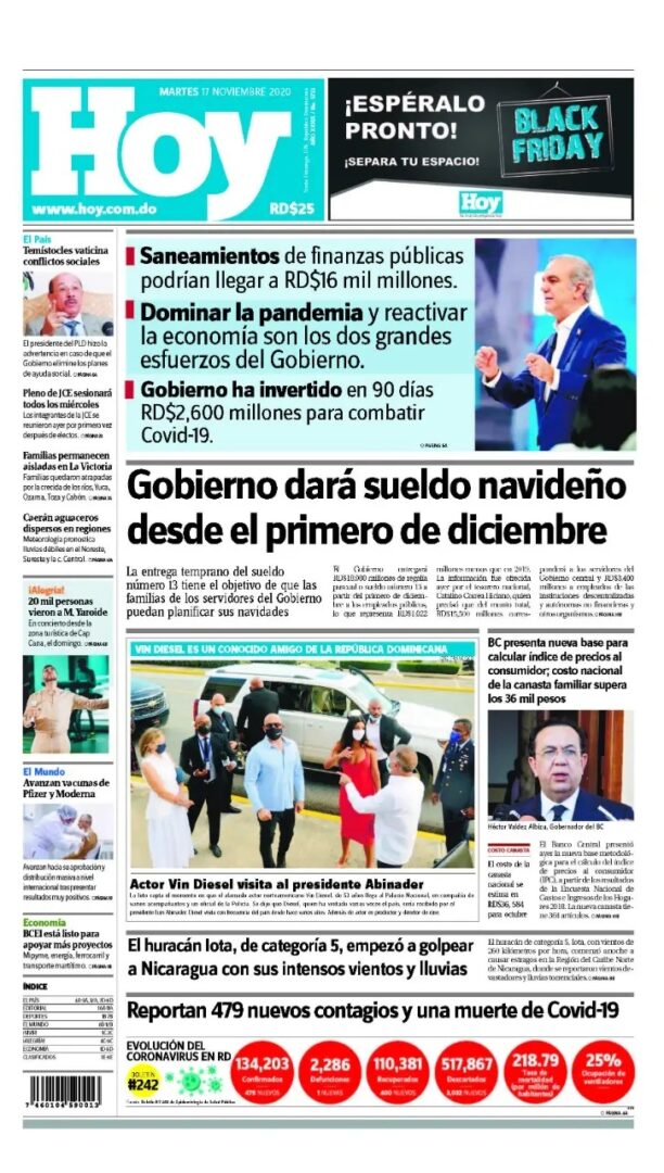 Portada Periódico Hoy, Martes 17 de Noviembre, 2020