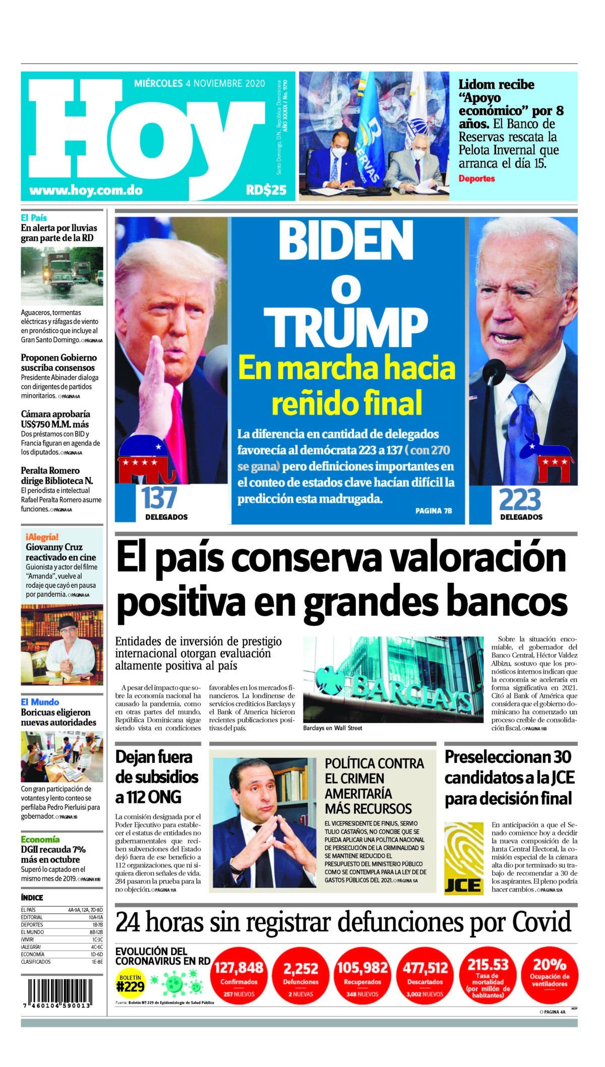 Portada Periódico Hoy, Miércoles 04 de Noviembre, 2020