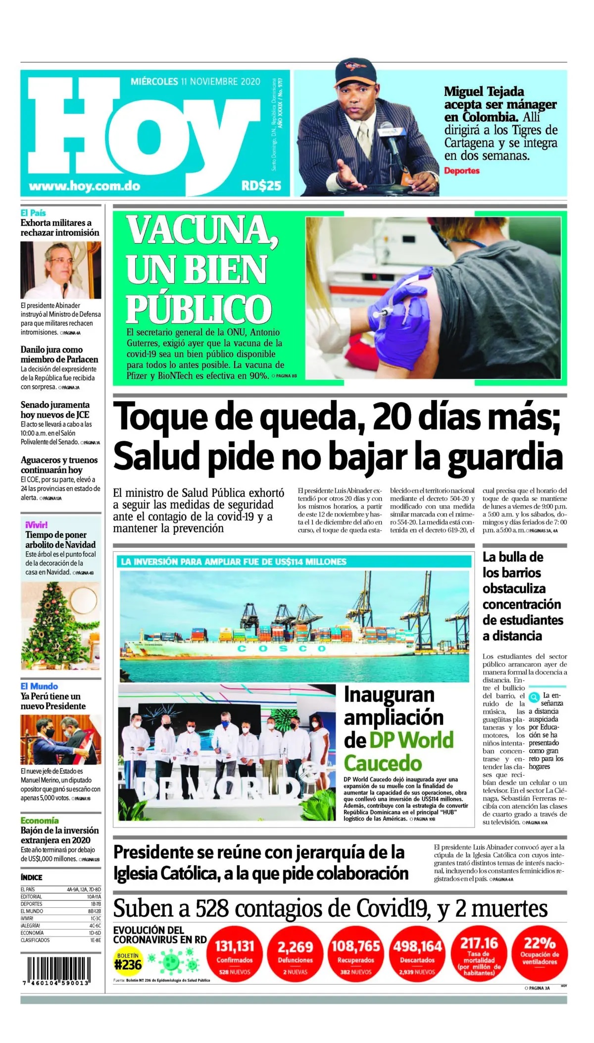 Portada Periódico Hoy, Miércoles 11 de Noviembre, 2020