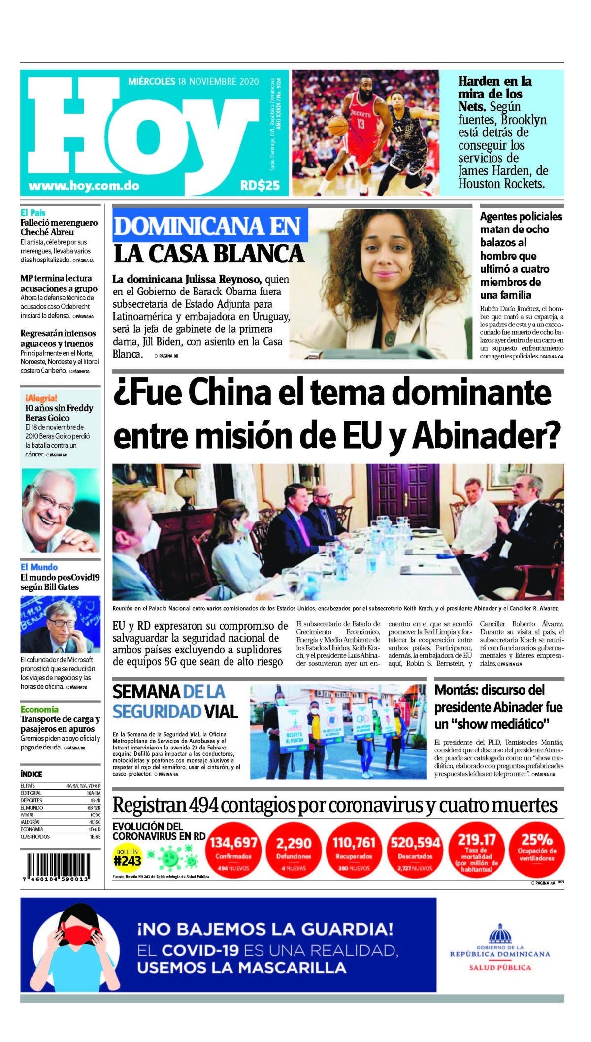 Portada Periódico Hoy, Miércoles 18 de Noviembre, 2020