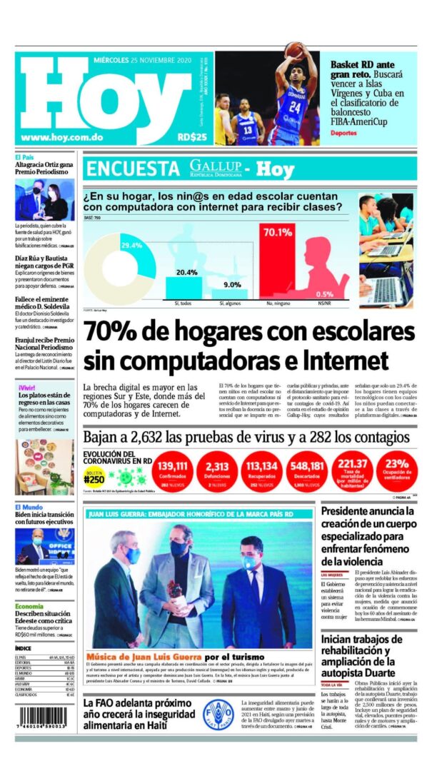 Portada Periódico Hoy, Miércoles 25 de Noviembre, 2020