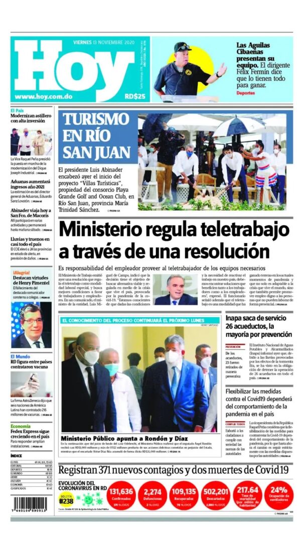 Portada Periódico Hoy, Viernes 13 de Noviembre, 2020