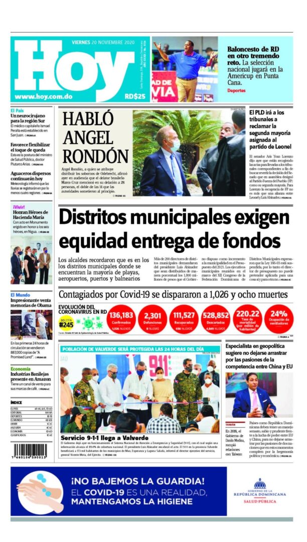 Portada Periódico Hoy, Viernes 20 de Noviembre, 2020