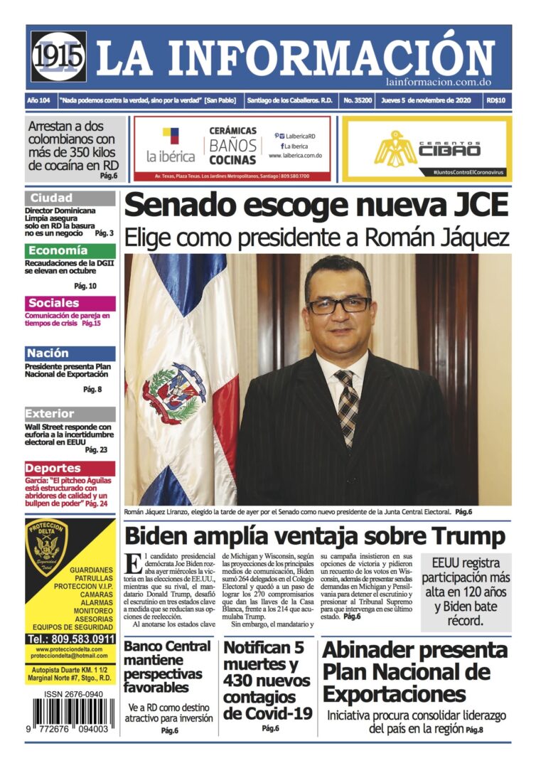 Portada Periódico La Información, Jueves 05 de Noviembre, 2020