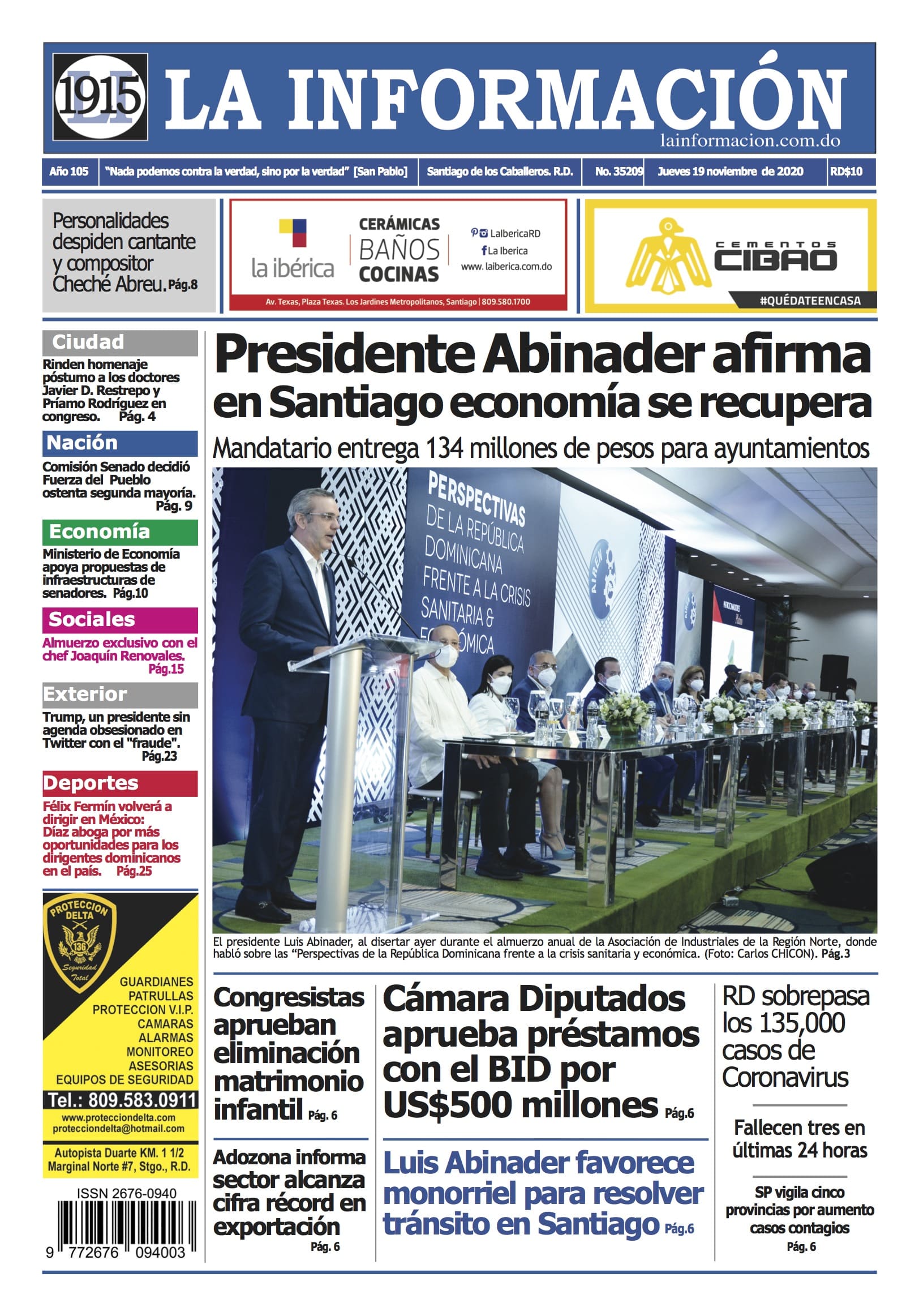 Portada Periódico La Información, Jueves 19 de Noviembre, 2020