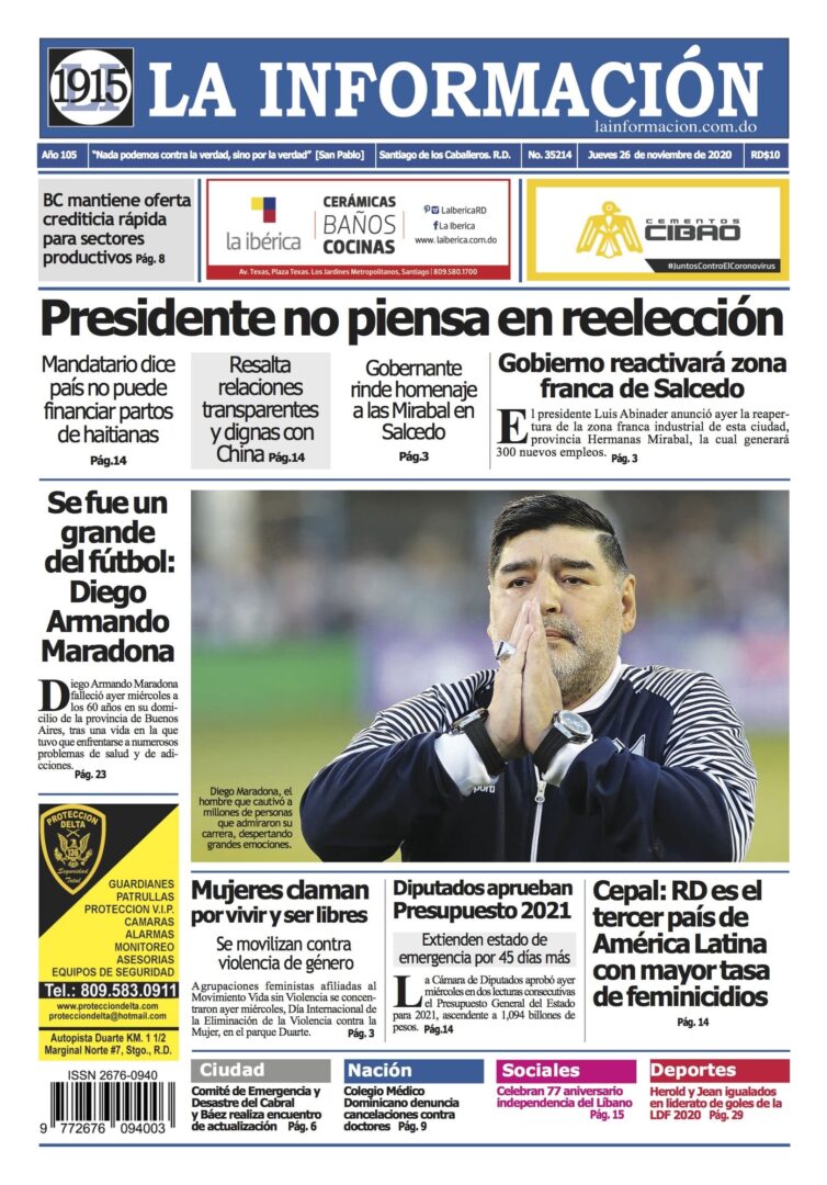 Portada Periódico La Información, Jueves 26 de Noviembre, 2020
