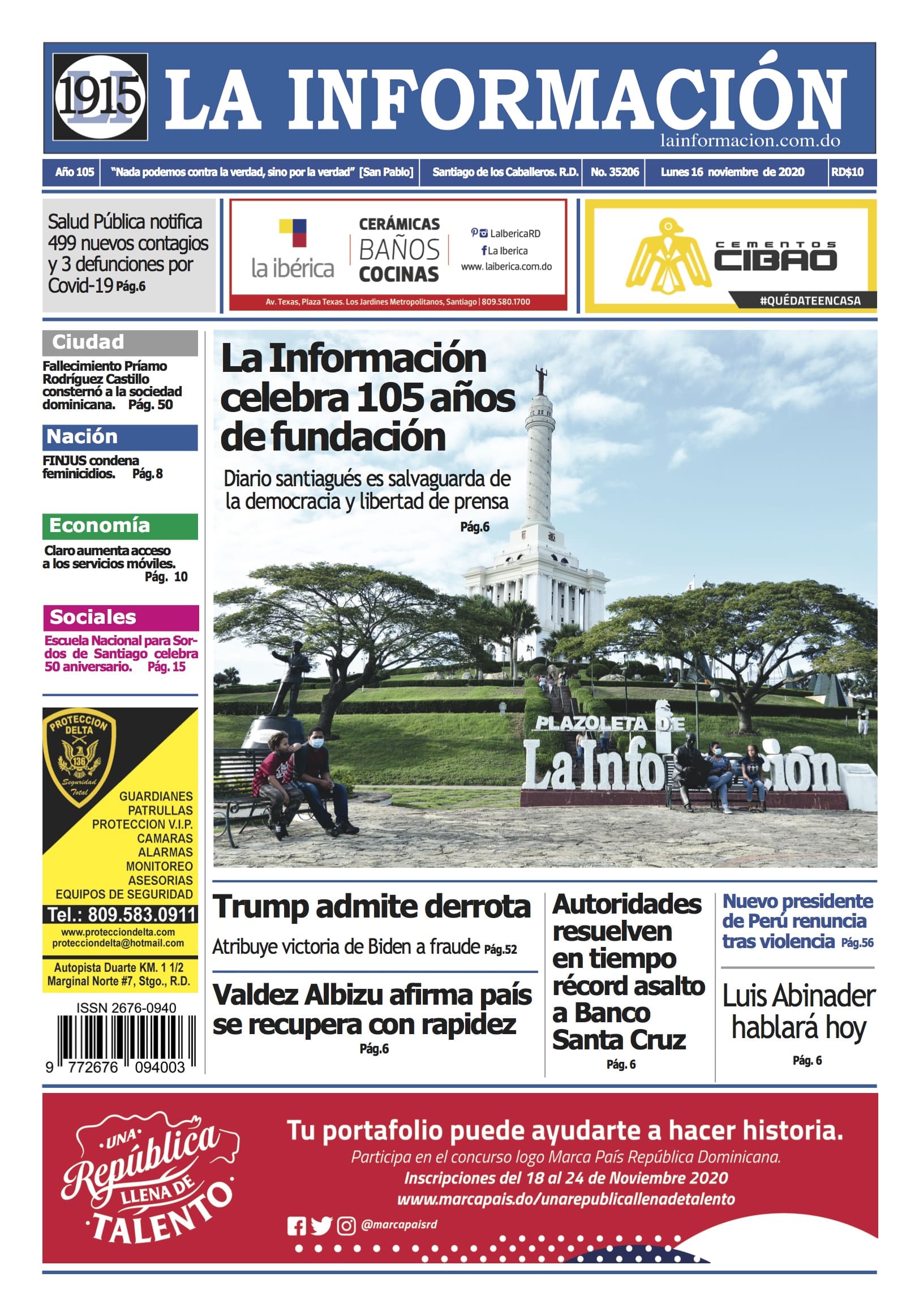 Portada Periódico La Información, Lunes 16 de Noviembre, 2020