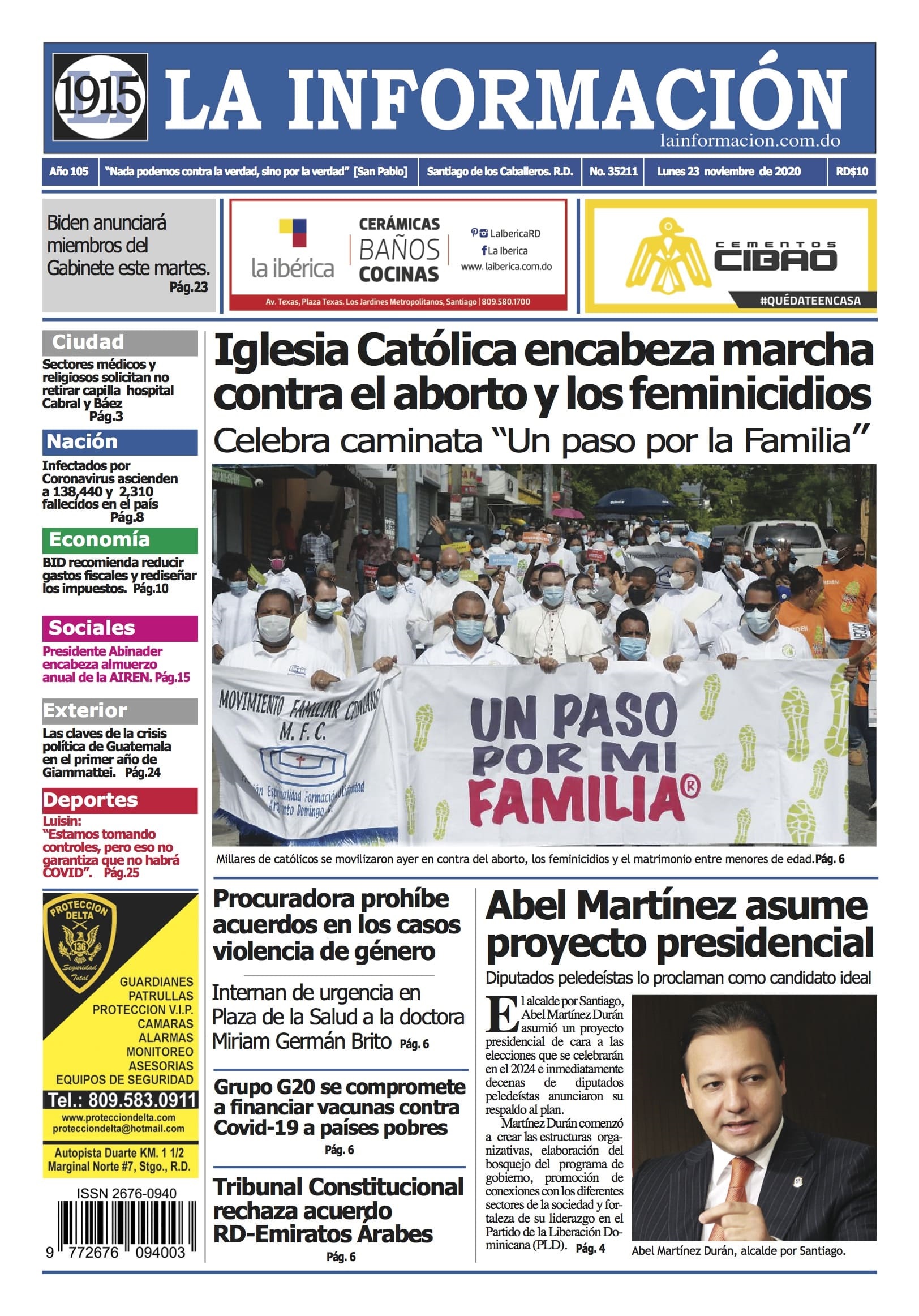 Portada Periódico La Información, Lunes 23 de Noviembre, 2020