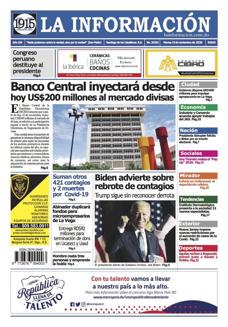 Portada Periódico La Información, Martes 10 de Noviembre, 2020