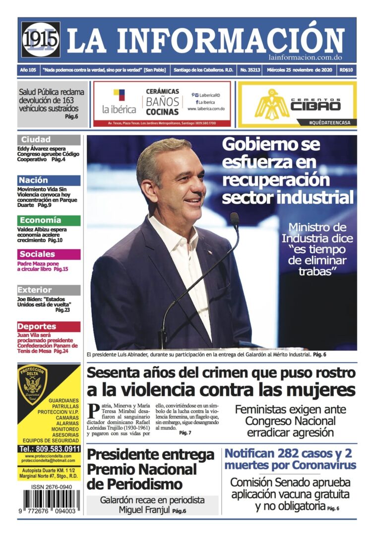 Portada Periódico La Información, Miércoles 25 de Noviembre, 2020