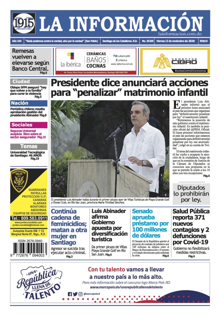 Portada Periódico La Información, Viernes 13 de Noviembre, 2020