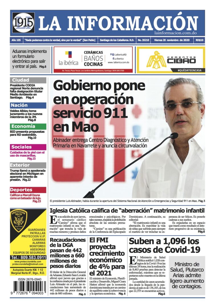 Portada Periódico La Información, Viernes 20 de Noviembre, 2020