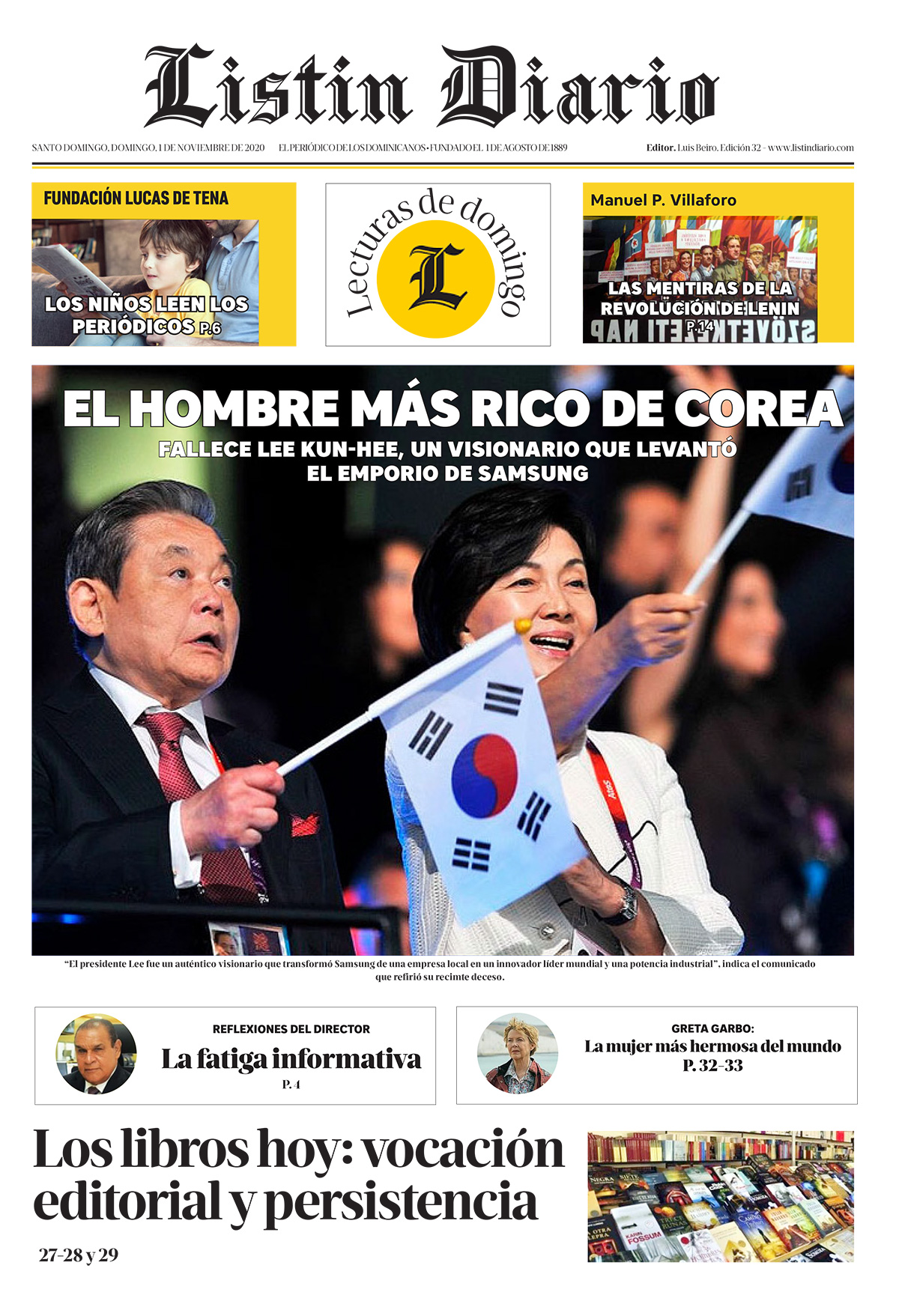 Portada Periódico Listín Diario, Domingo 01 de Noviembre, 2020