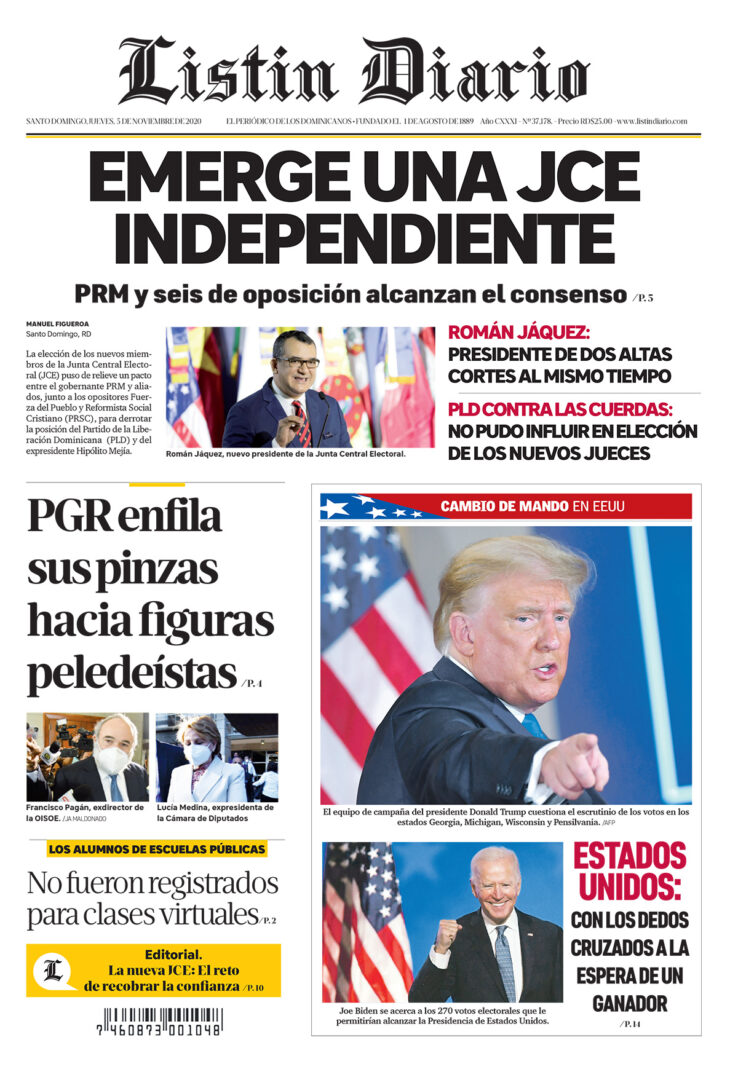 Portada Periódico Listín Diario, Jueves 05 de Noviembre, 2020