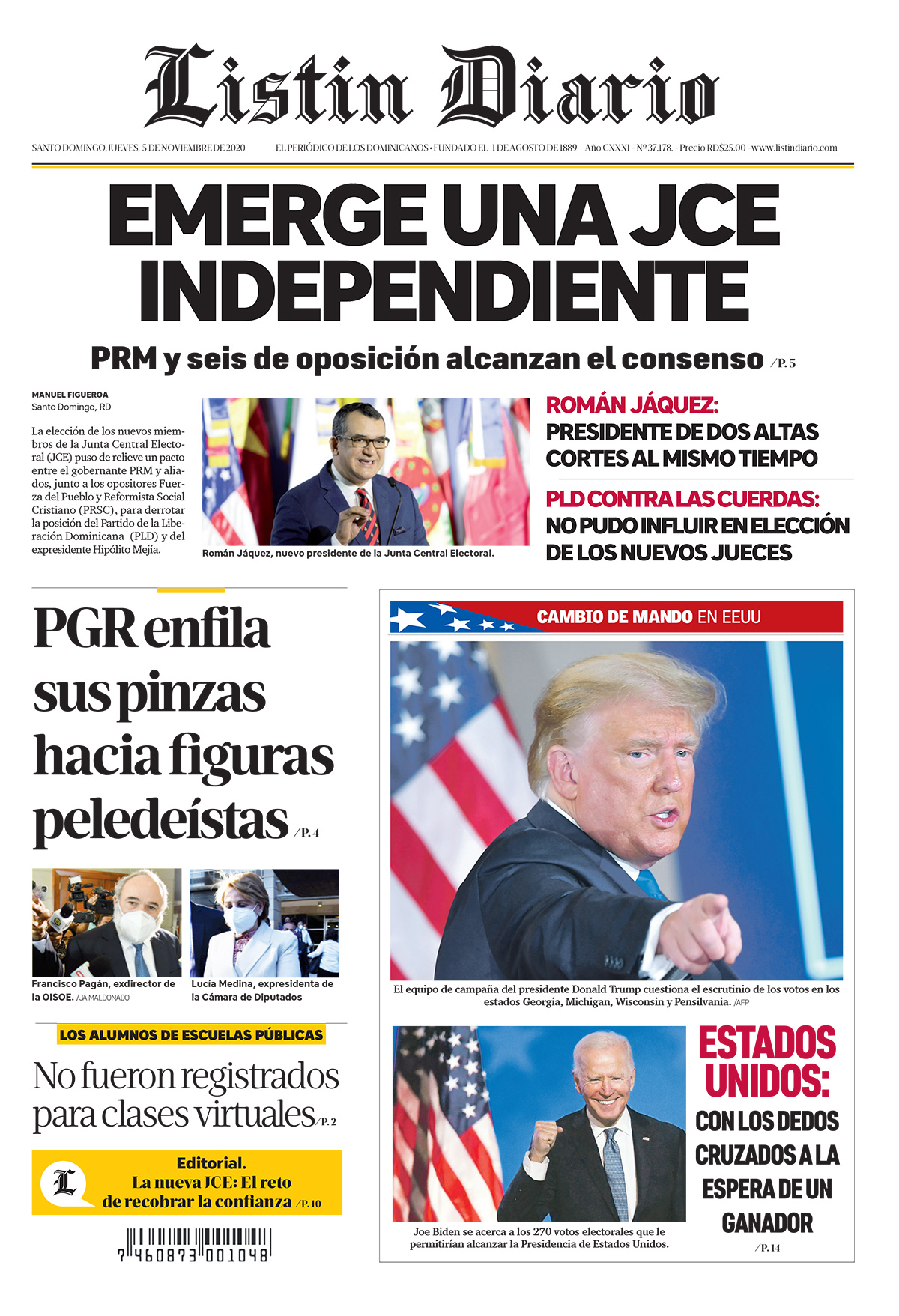 Portada Periódico Listín Diario, Jueves 05 de Noviembre, 2020