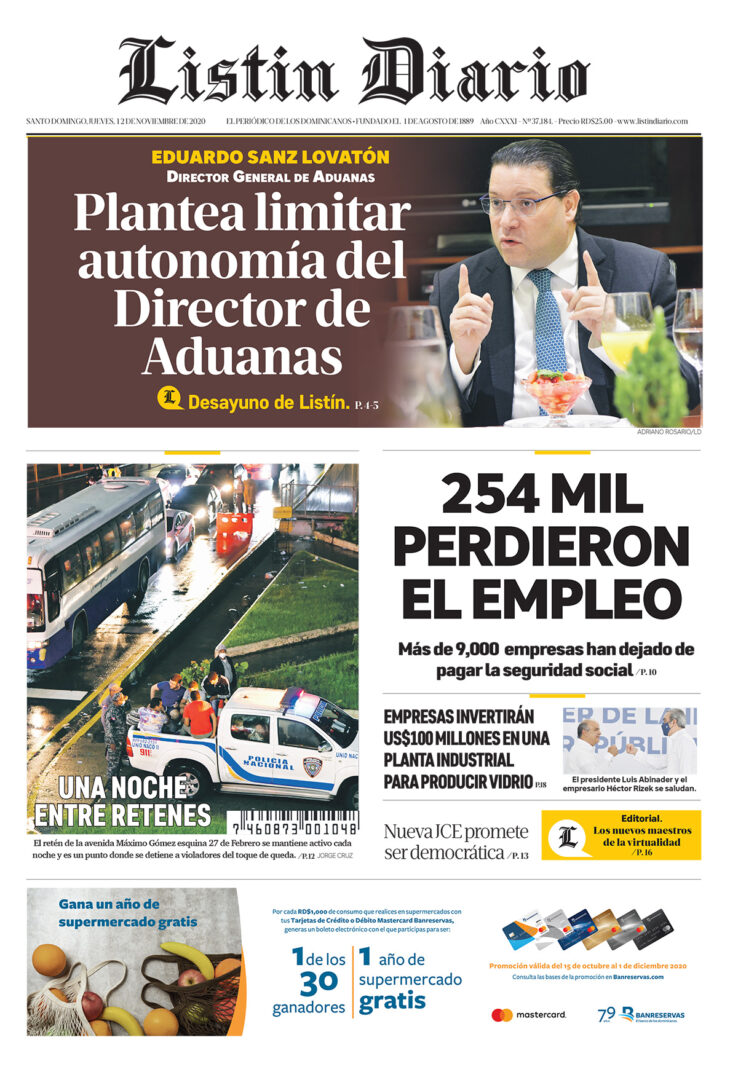 Portada Periódico Listín Diario, Jueves 12 de Noviembre, 2020