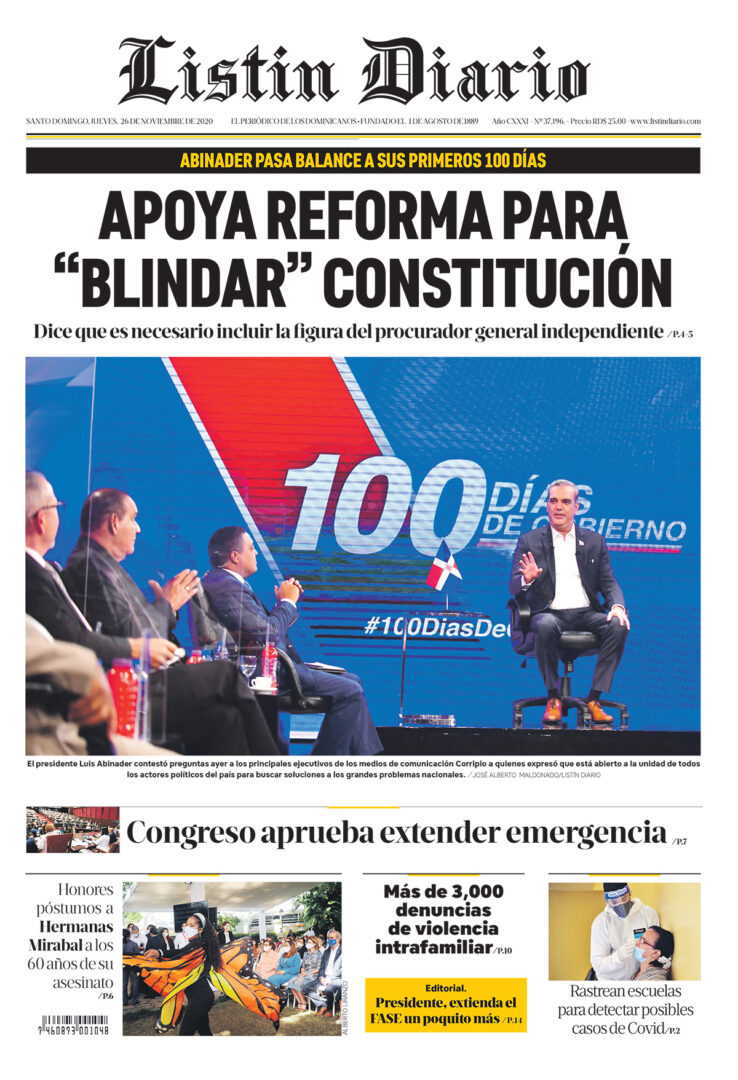 Portada Periódico Listín Diario, Jueves 26 de Noviembre, 2020