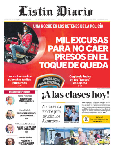 Portada Periódico Listín Diario, Lunes 02 de Noviembre, 2020