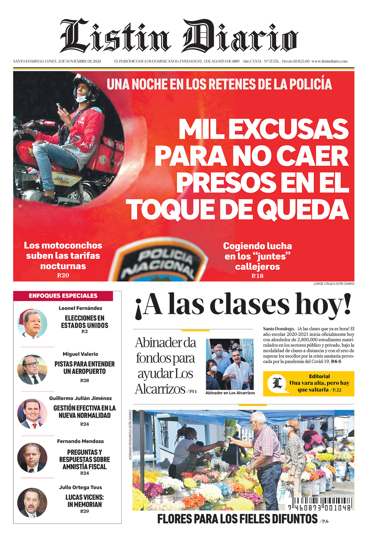 Portada Periódico Listín Diario, Lunes 02 de Noviembre, 2020