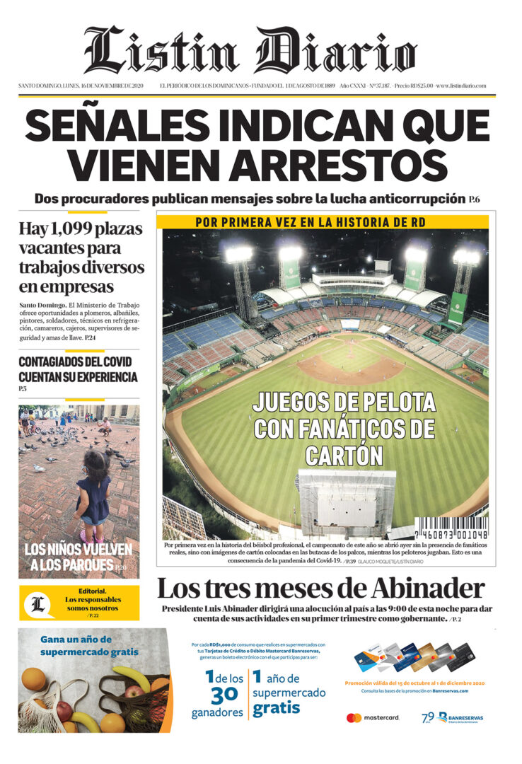Portada Periódico Listín Diario, Lunes 16 de Noviembre, 2020