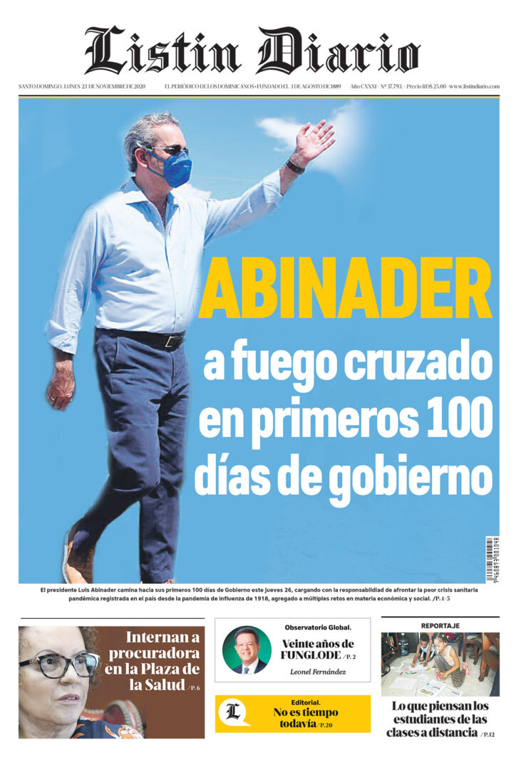 Portada Periódico Listín Diario, Lunes 23 de Noviembre, 2020