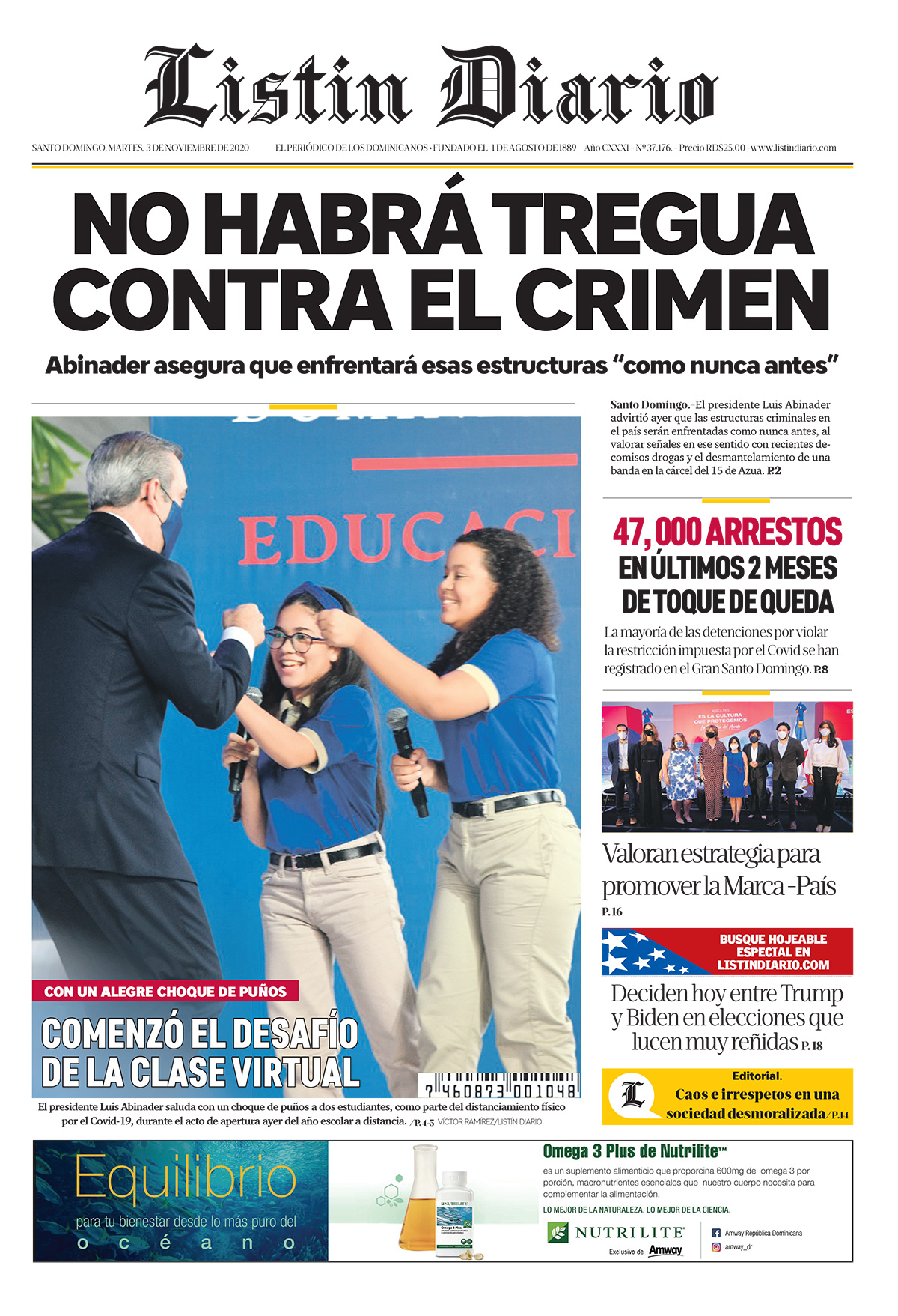 Portada Periódico Listín Diario, Martes 03 de Noviembre, 2020