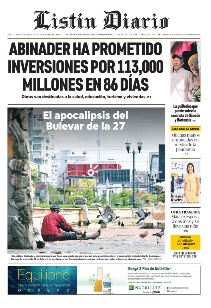 Portada Periódico Listín Diario, Martes 10 de Noviembre, 2020