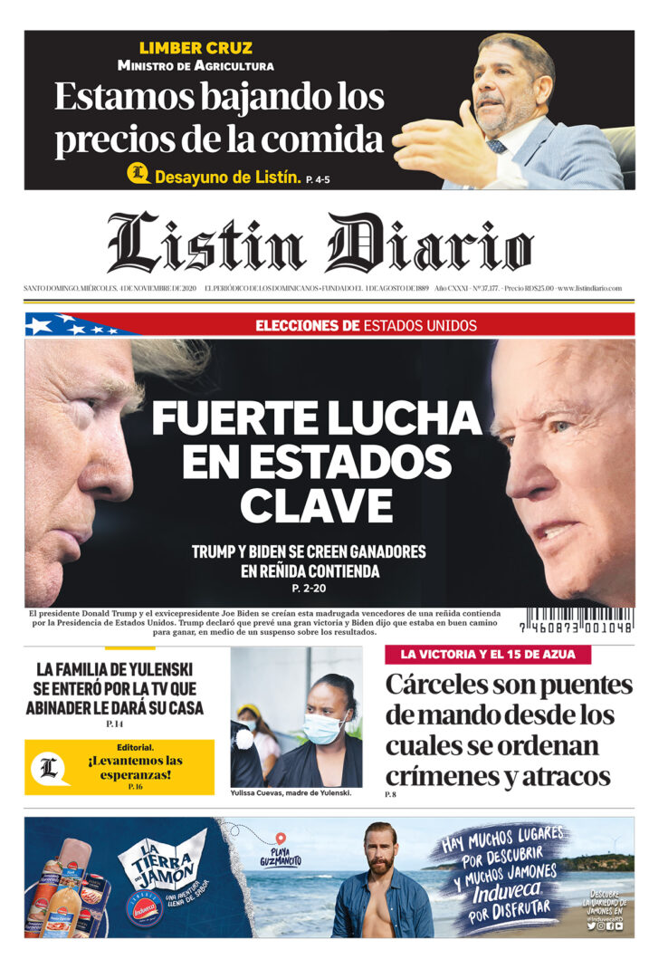 Portada Periódico Listín Diario, Miércoles 04 de Noviembre, 2020