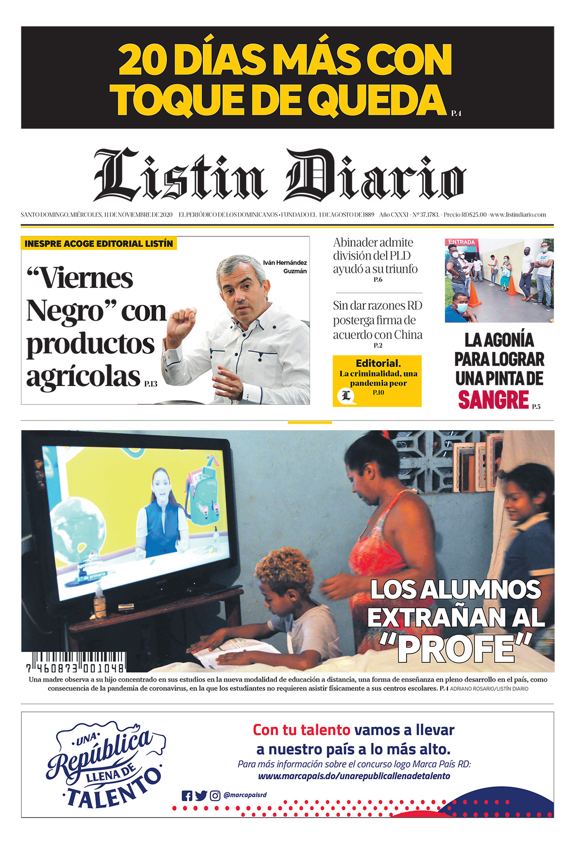 Portada Periódico Listín Diario, Miércoles 11 de Noviembre, 2020