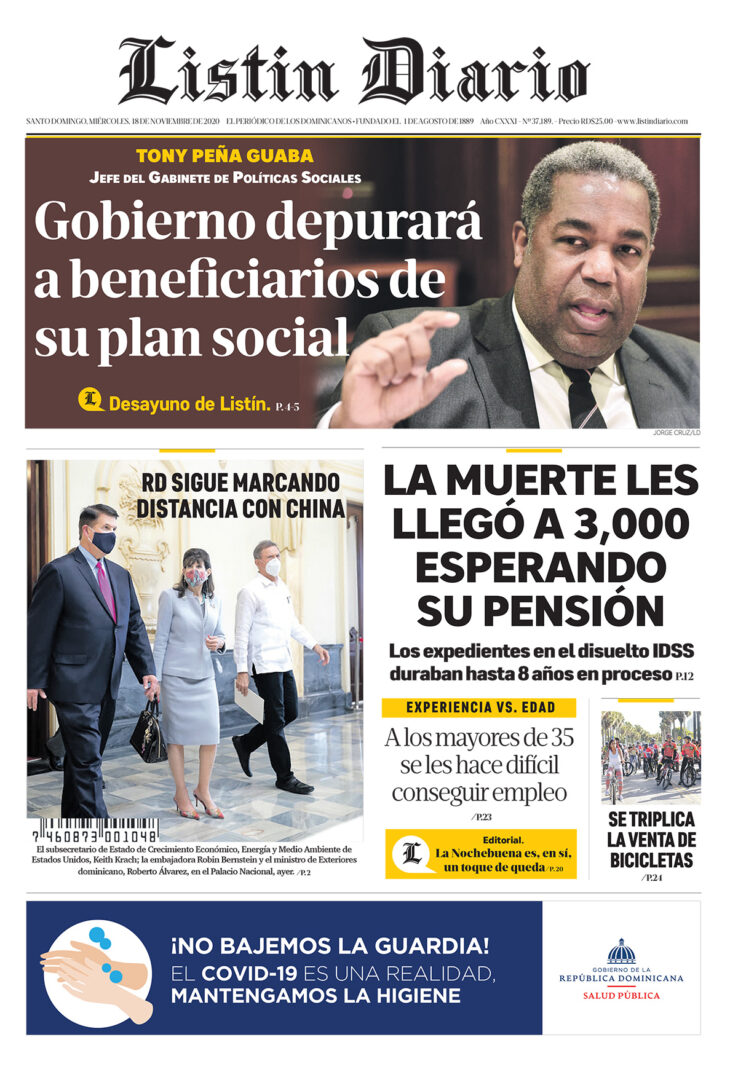 Portada Periódico Listín Diario, Miércoles 18 de Noviembre, 2020