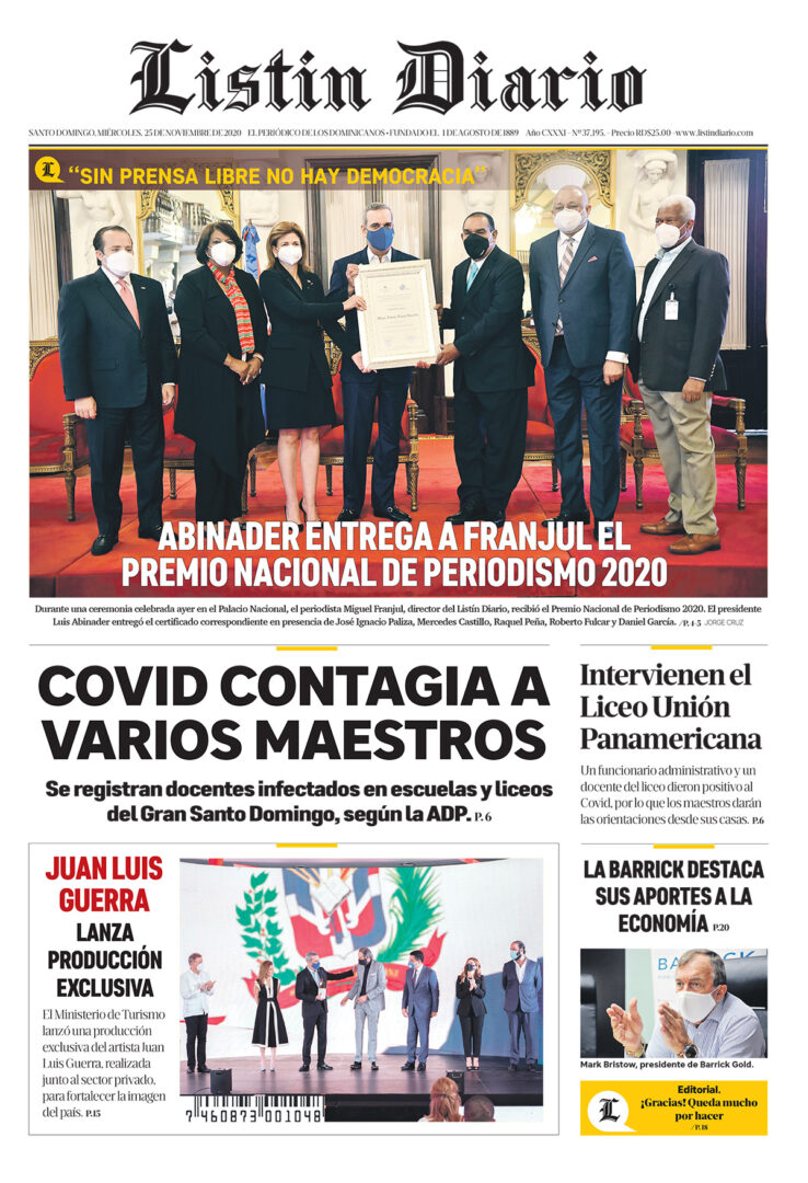 Portada Periódico Listín Diario, Miércoles 25 de Noviembre, 2020