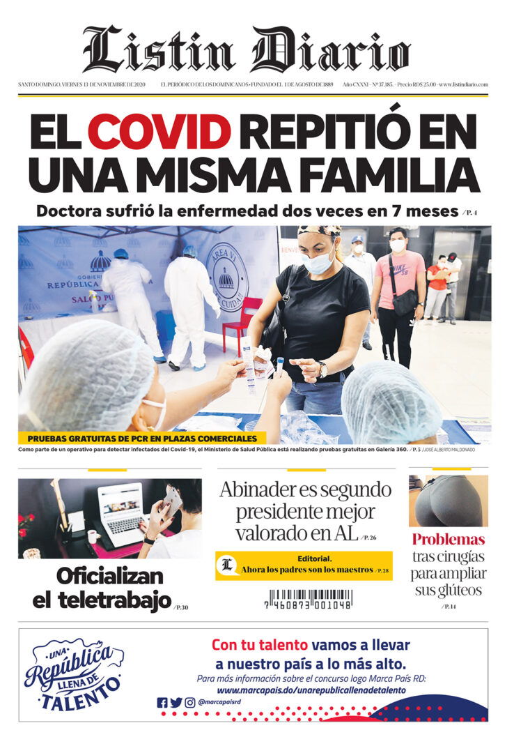 Portada Periódico Listín Diario, Viernes 13 de Noviembre, 2020