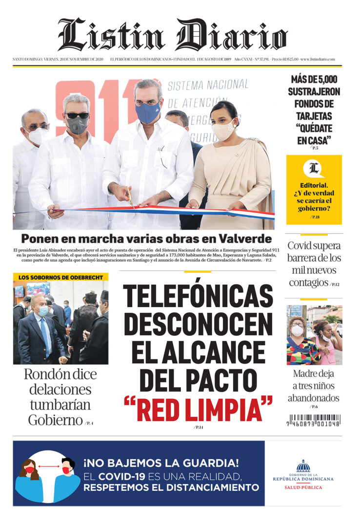 Portada Periódico Listín Diario, Viernes 20 de Noviembre, 2020