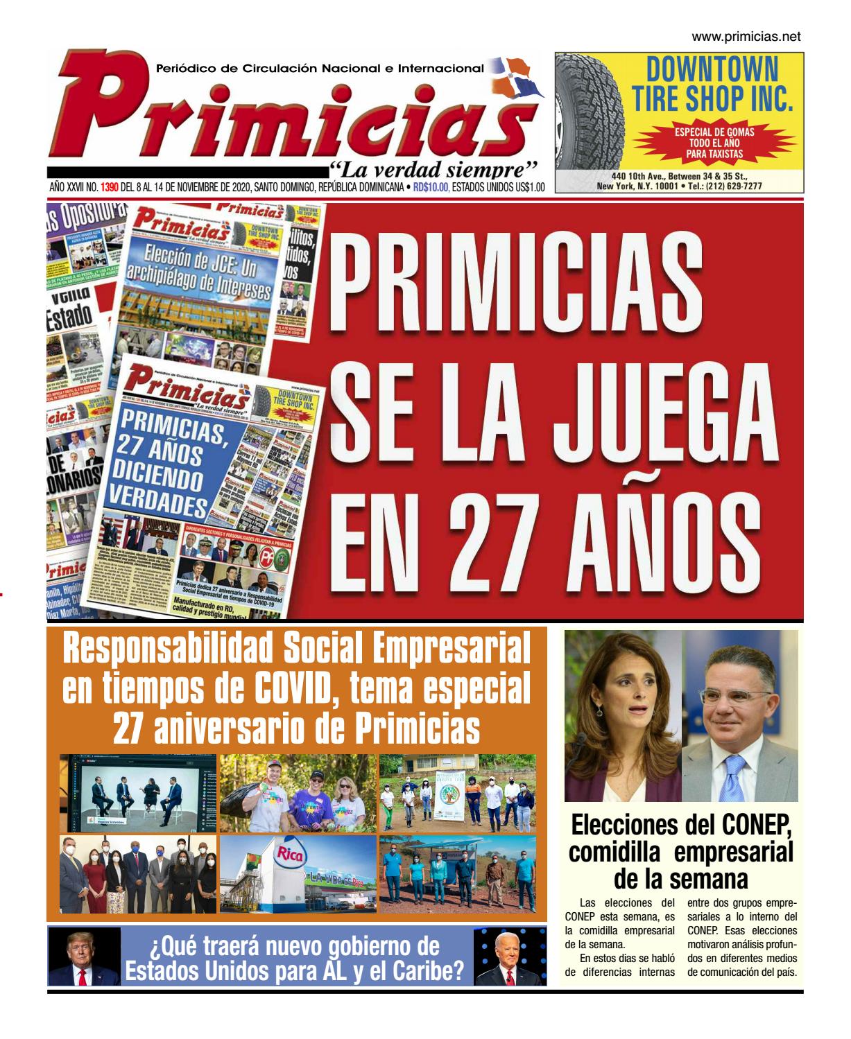 Portada Periódico Primicias, Domingo 08 de Noviembre, 2020