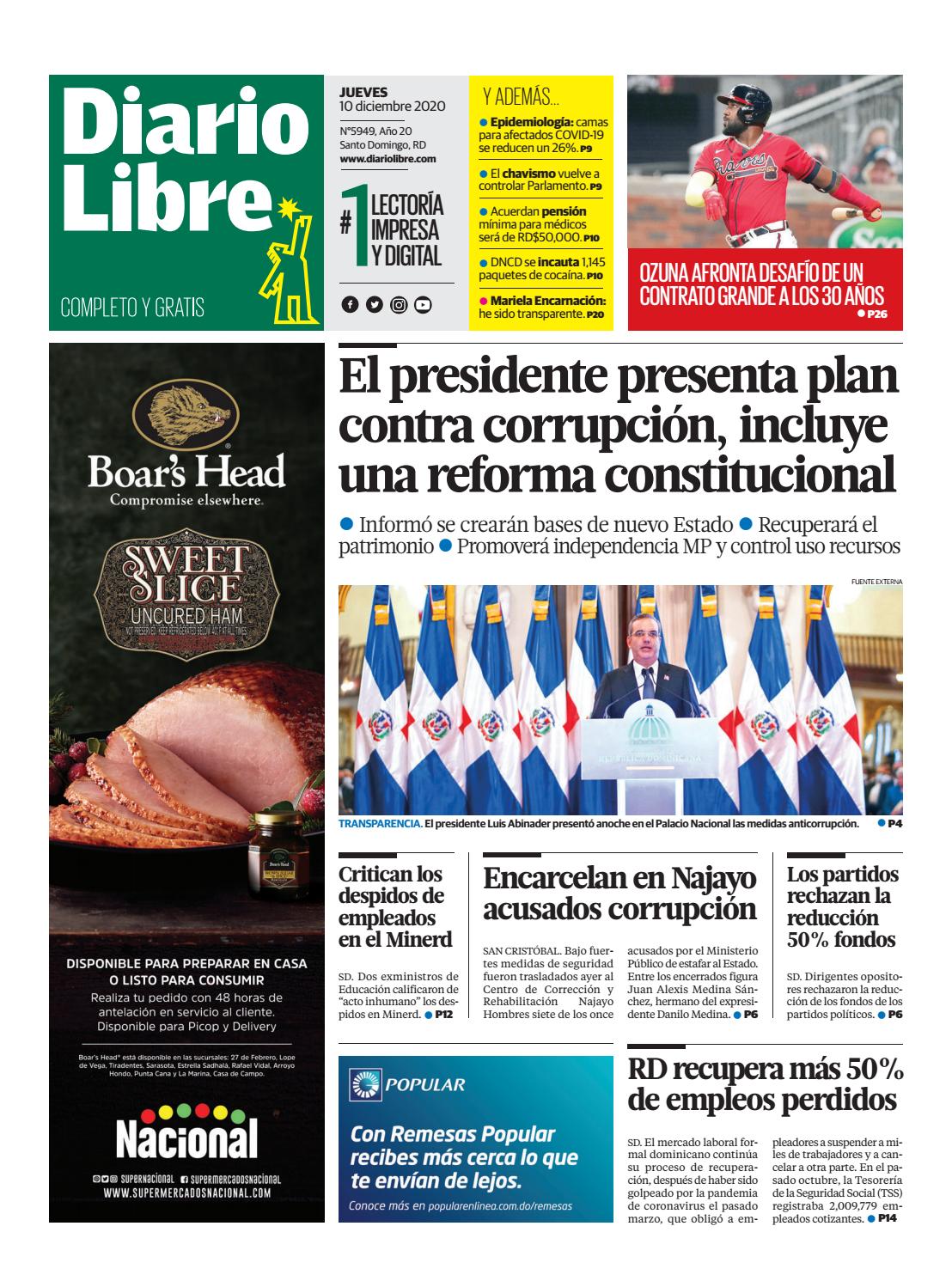 Portada Periódico Diario Libre, Jueves 10 de Diciembre, 2020