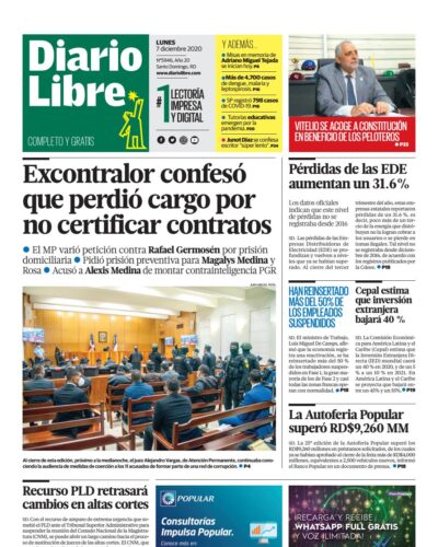 Portada Periódico Diario Libre, Lunes 07 de Diciembre, 2020