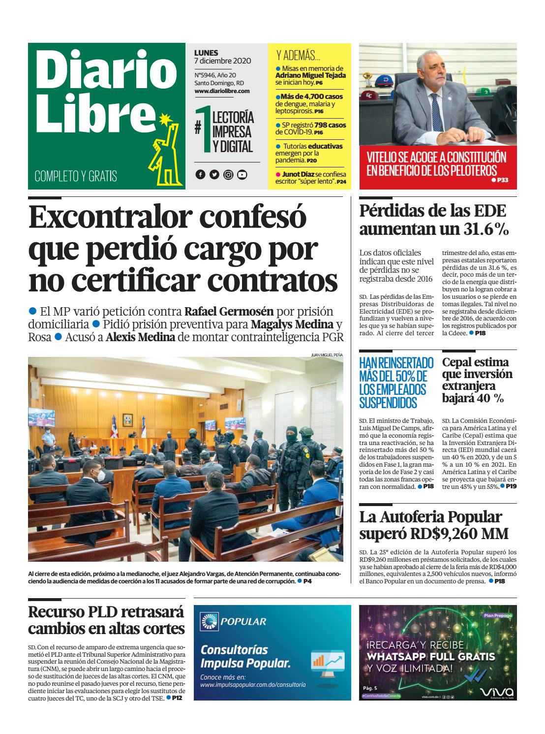 Portada Periódico Diario Libre, Lunes 07 de Diciembre, 2020