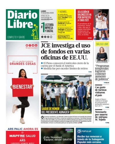 Portada Periódico Diario Libre, Lunes 14 de Diciembre, 2020